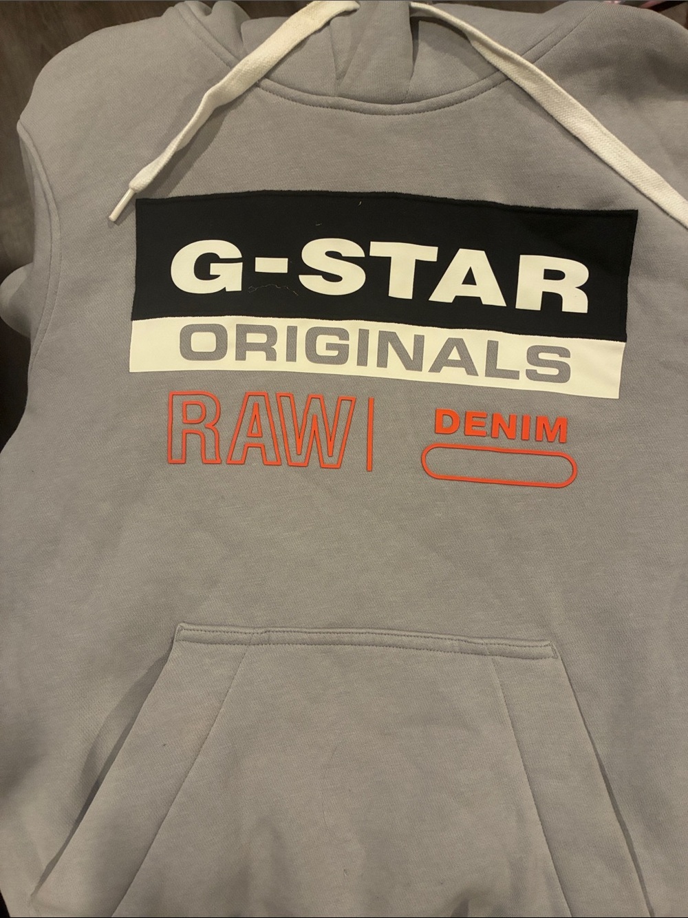 G-Star Men's Light Gray Crewneck Hoodie with Black & Orange Logo